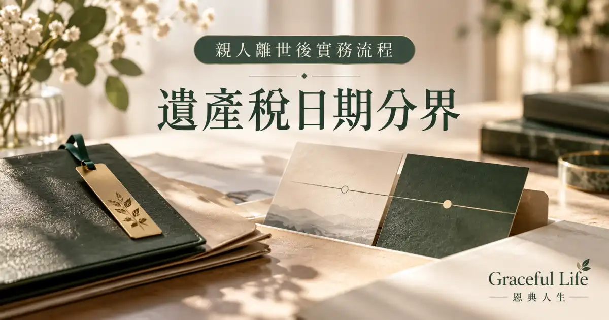 暖光木桌上的月曆、死亡證明副本與兩個文件夾，沒有個人資料，象徵以死亡日期核對遺產稅文件
