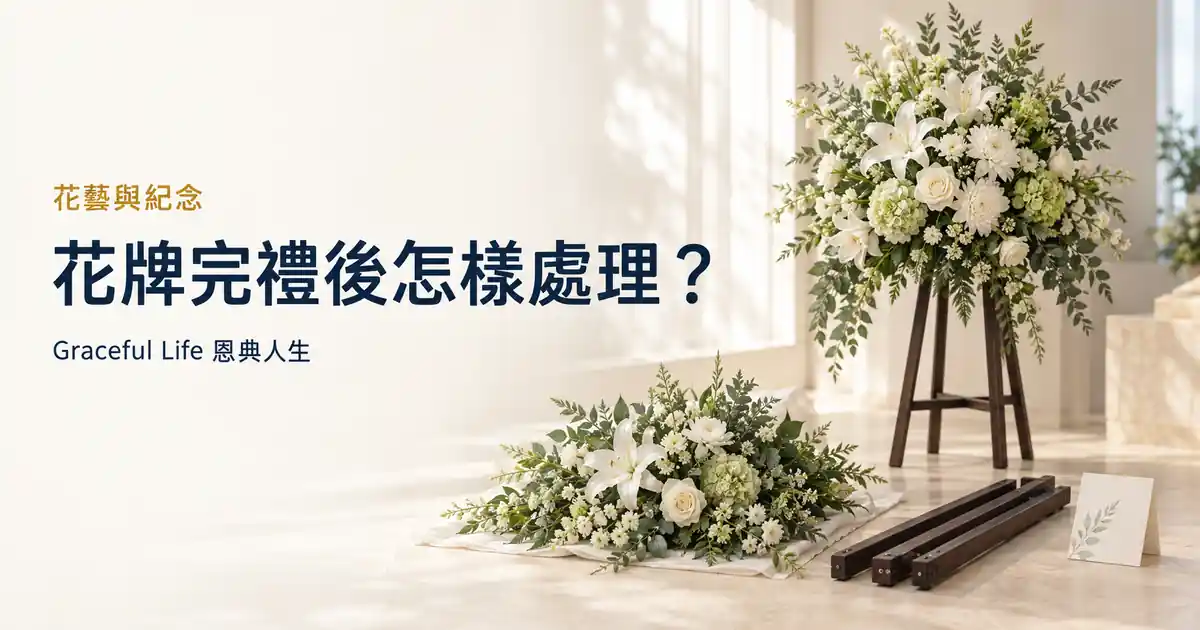 暖光室內的白綠花牌、拆下花材、木製支架與空白紙卡，象徵完禮後有序分類
