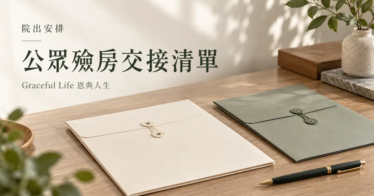 暖色桌面上兩個無字文件套、簡潔核對清單與筆，提醒家屬分開保存公眾殮房的殮葬文件及領回遺體證明書